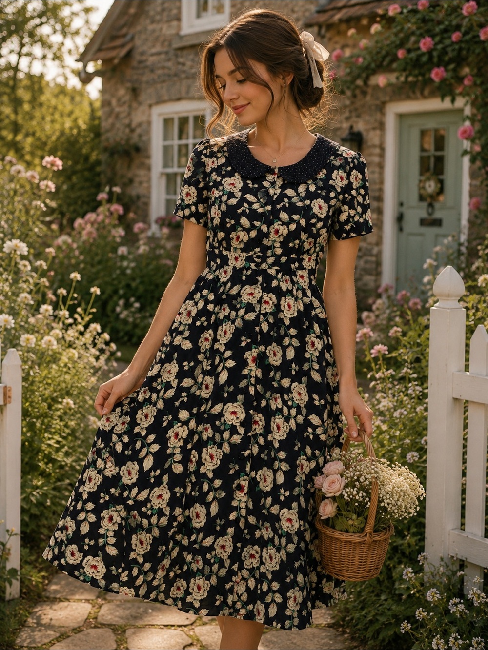 Vintage Navy Floral Button Front Midi Dress Polka Dot Peter Pan Collar Sze 12